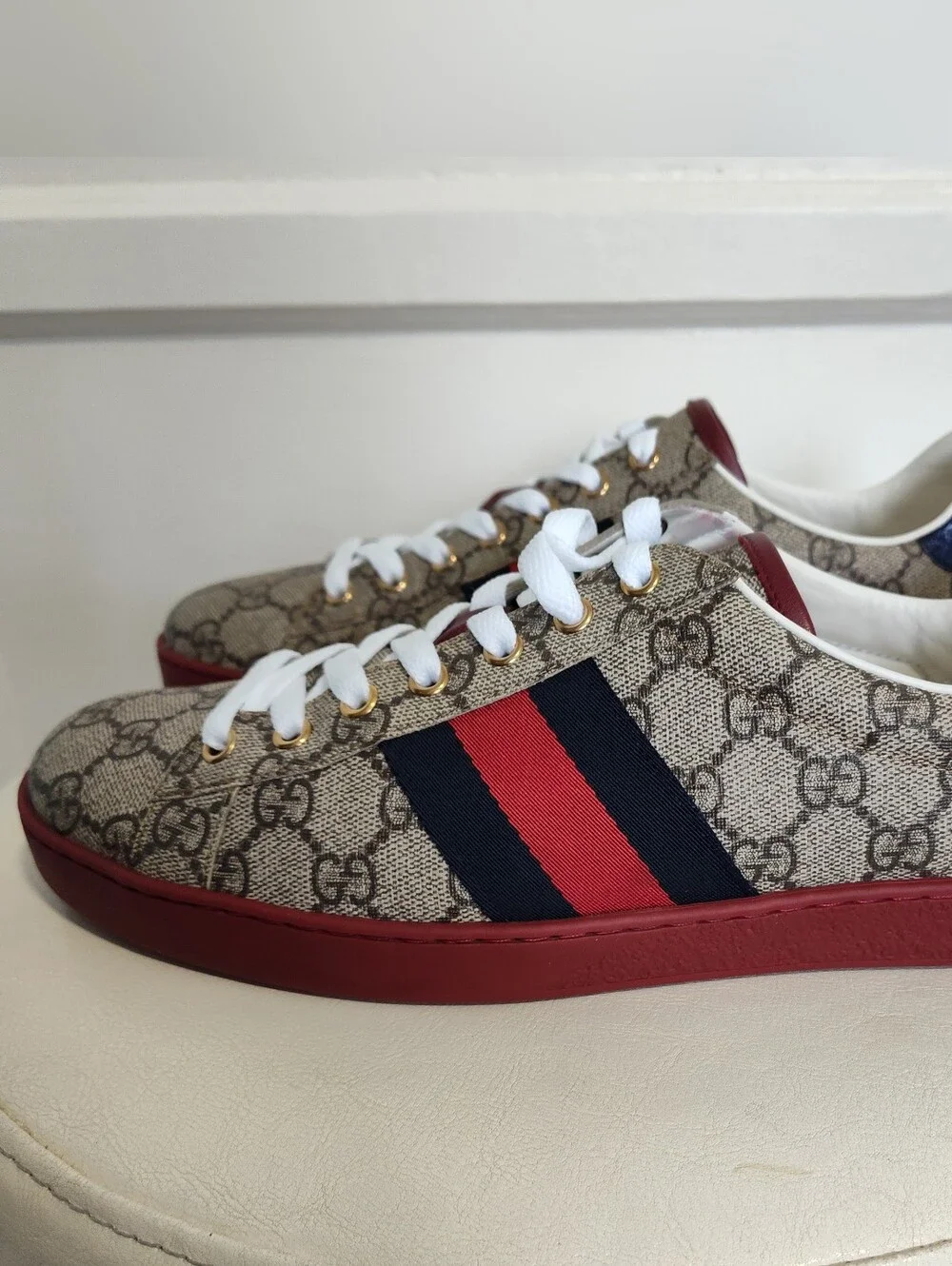 Gucci Beige GG Monogram Supreme Ace Casual Lace Up Low Top Sneakers Sz US 10 Men